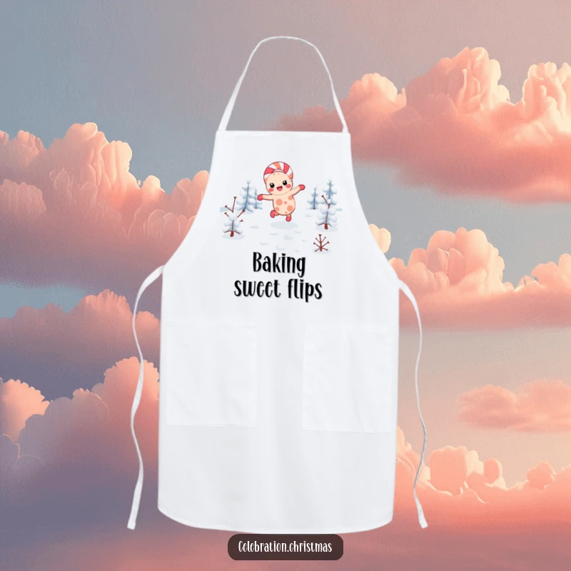 Funny kawaii candy cane apron showing a festive character cartwheeling, ideal for adding holiday cheer to kitchen activities.