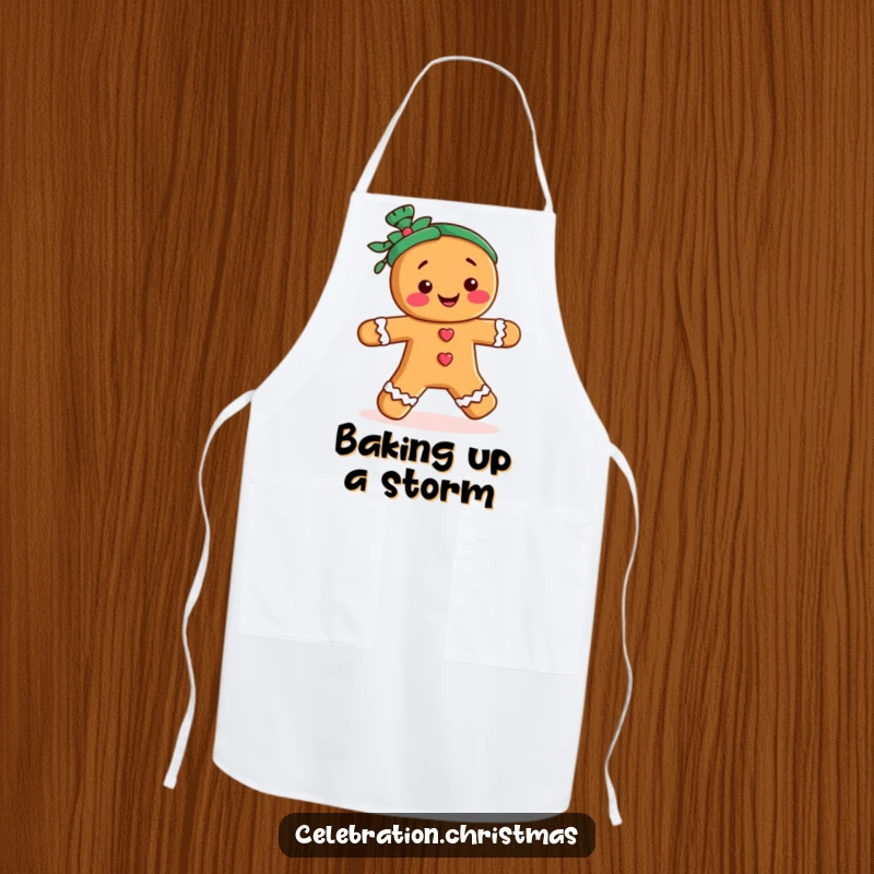 Funny kitchen apron with a gingerbread person character doing a merry jig, perfect for holiday baking and cooking.