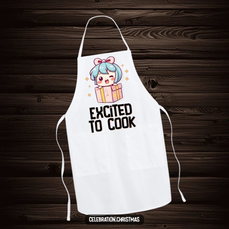 Funny apron designed with a present character bursting open with an excited wiggle, perfect for holiday cooking.