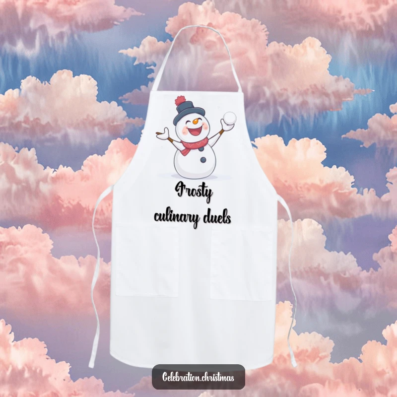 Funny snowman apron featuring a character in a happy snowball fight, a humorous and practical kitchen accessory.