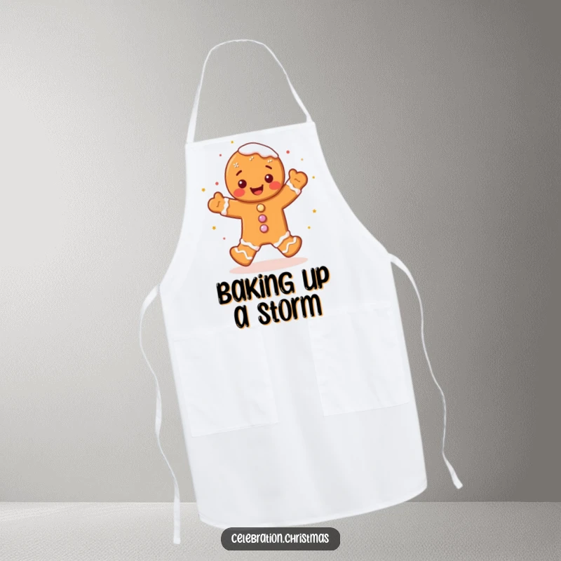 Funny gingerbread man apron featuring a cute character doing a joyful jig with frosting sprinkles, a humorous kitchen accessory for bakers.