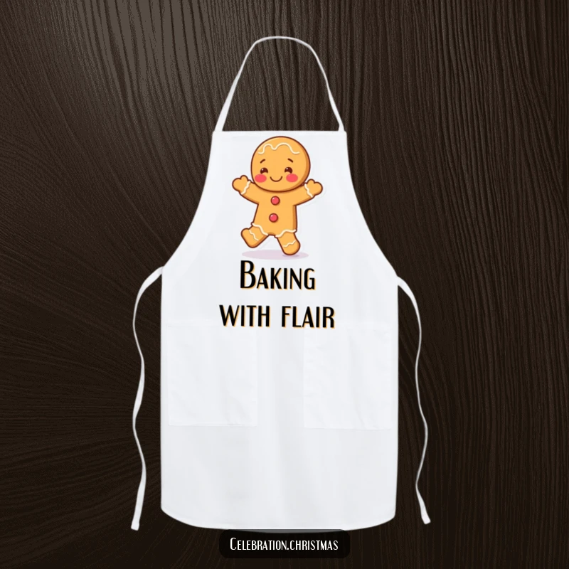 Funny gingerbread man apron with a character in a spirited jig, designed for kitchen fun and a touch of holiday humor.