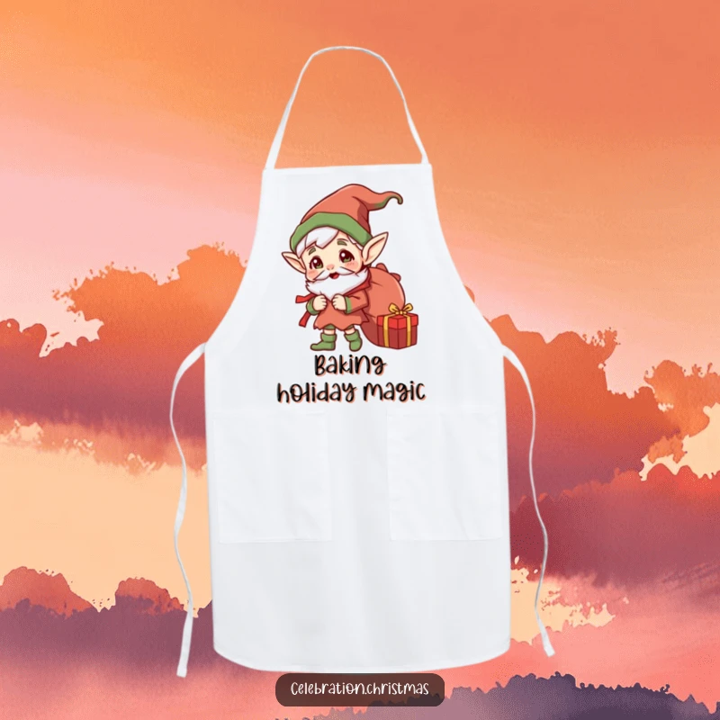 Funny Jolly Elf Apron: Cheerful elf with pointed ears humorously carrying a sack full of gifts, making kitchen time festive.