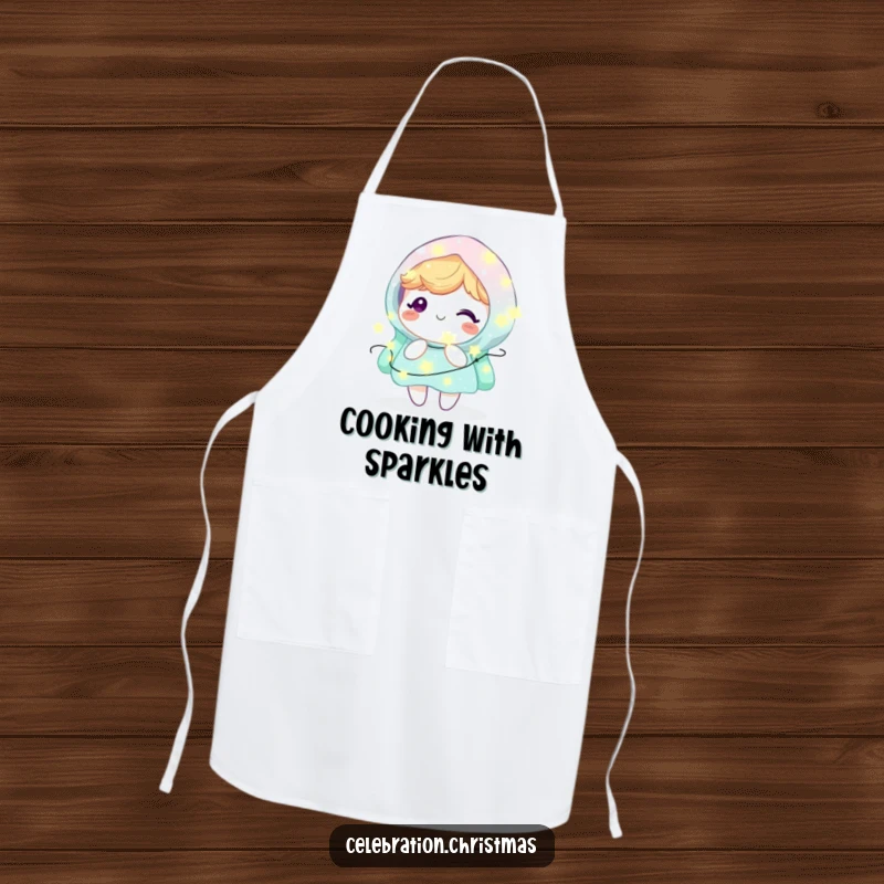 Funny Kawaii Character Apron: A cute character joyfully glows while wrapped in twinkling fairy lights, adding kitchen humor.