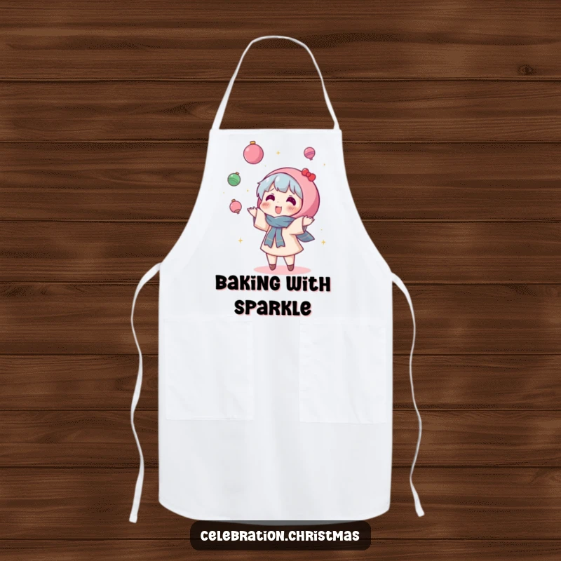 Funny Kawaii Character Apron: A cute character joyfully tosses ornaments with abandon, bringing festive humor to the kitchen.