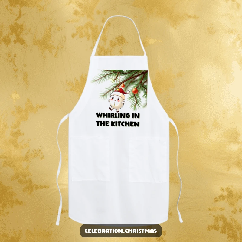 Funny apron designed with a Christmas ornament character doing a wobbly spin on a branch, ideal for kitchen fun.