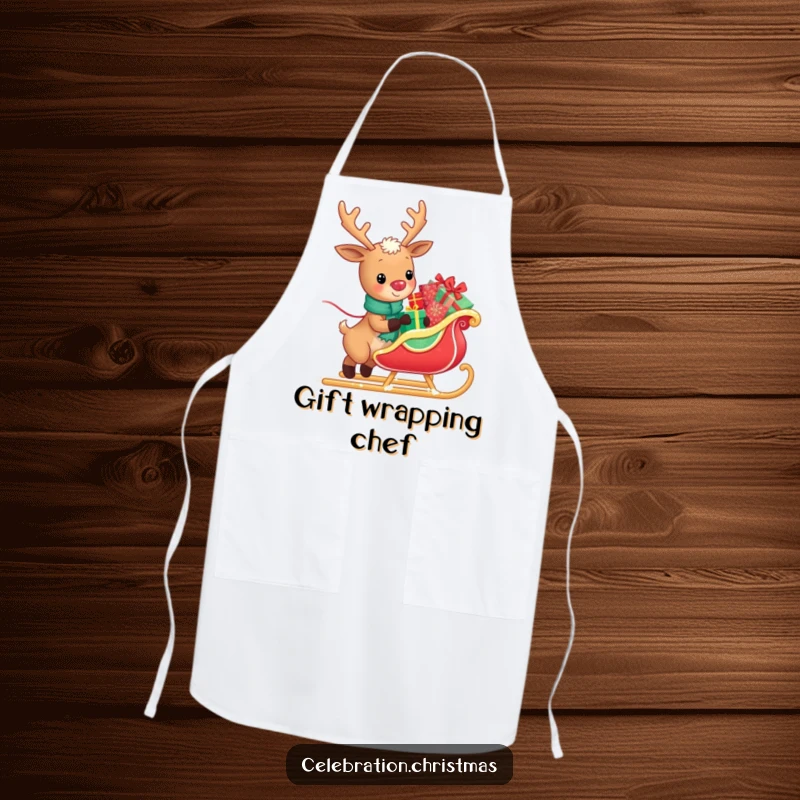 Funny apron with a kawaii reindeer happily pulling a sleigh loaded with gifts, adding festive humor and protection to kitchen activities.