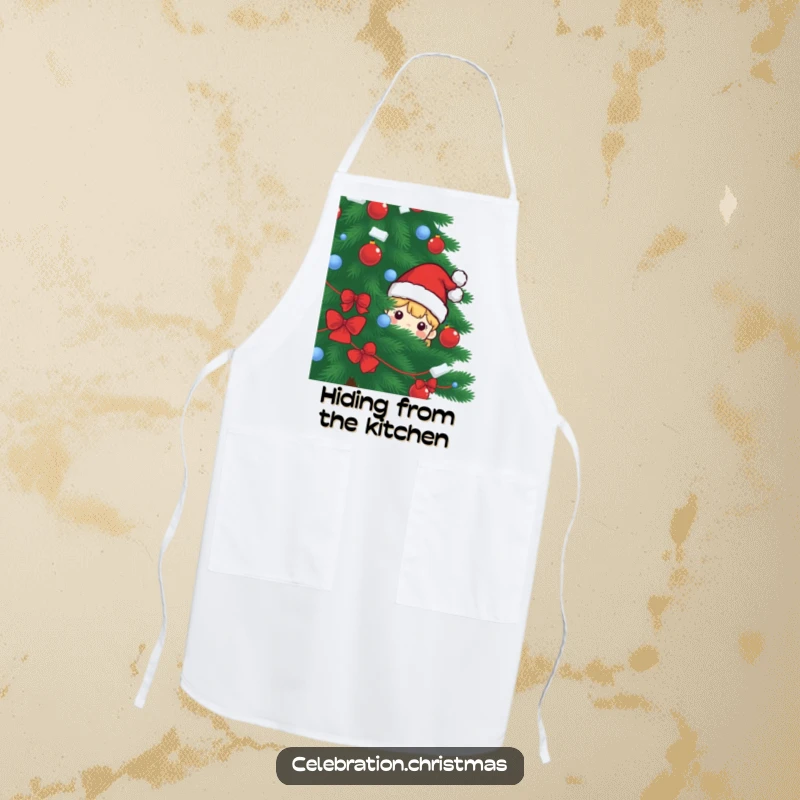 Funny apron showing a Santa hat character peeking over the edge, ready to help with holiday cooking and bring smiles.
