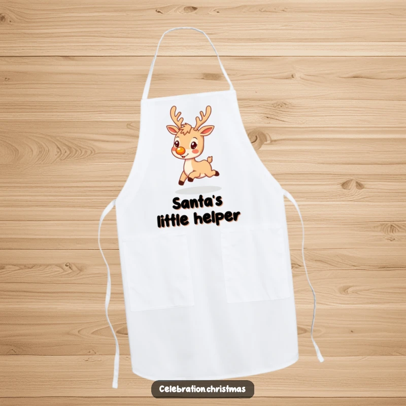 Funny kitchen apron with a reindeer character with a glowing nose, prancing happily, perfect for holiday baking.