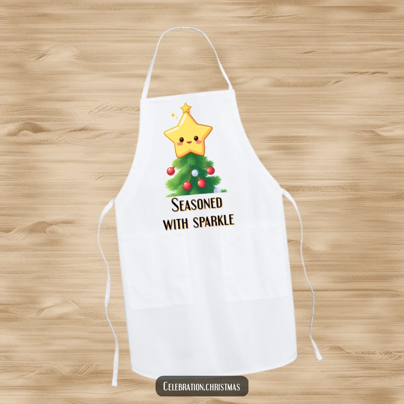 Funny kawaii star topper apron, a cute star character twinkling on a festive tree, perfect for holiday baking.