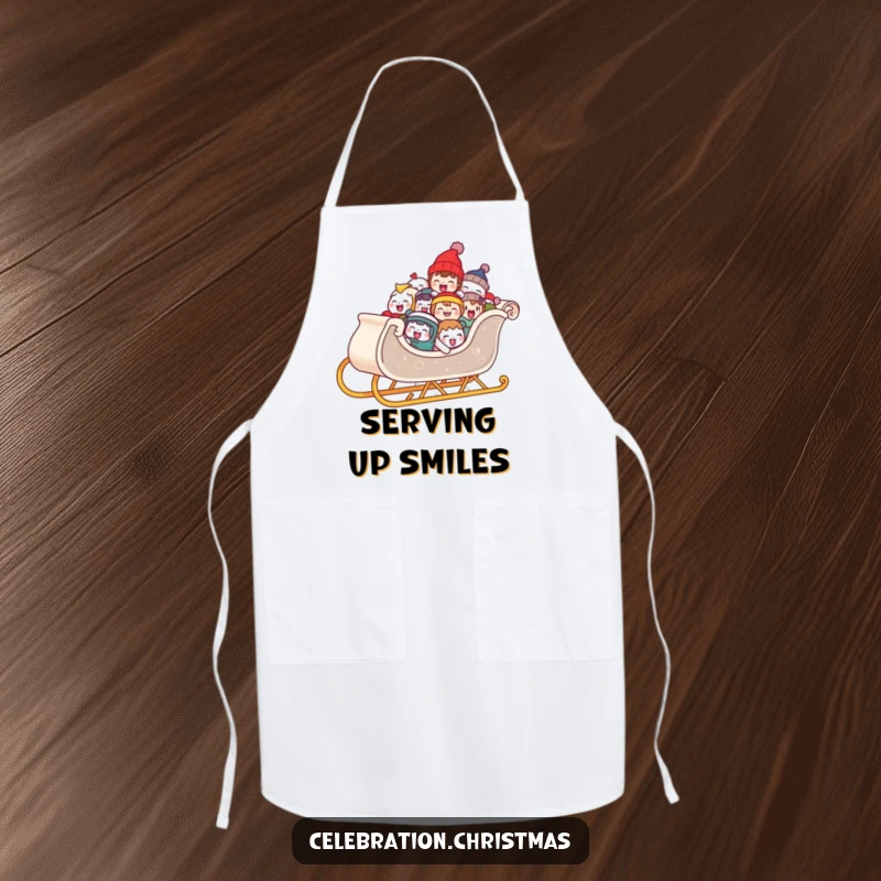 Funny kitchen apron featuring a sleigh overflowing with laughing characters, adding holiday cheer to cooking duties.