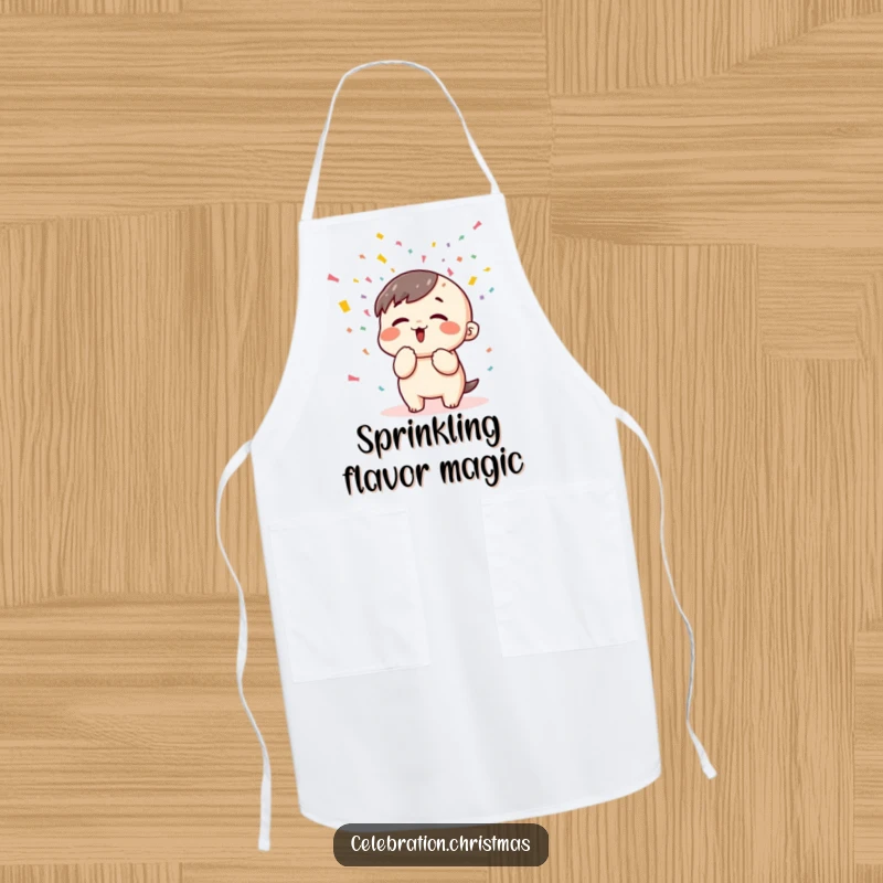 Funny kawaii character blowing colorful confetti with gusto, on a functional and humorous kitchen apron.