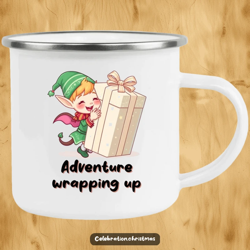 Funny fish camping mug with a cute elf joyfully wrapping a giant, glittery present, perfect for outdoor enthusiasts.