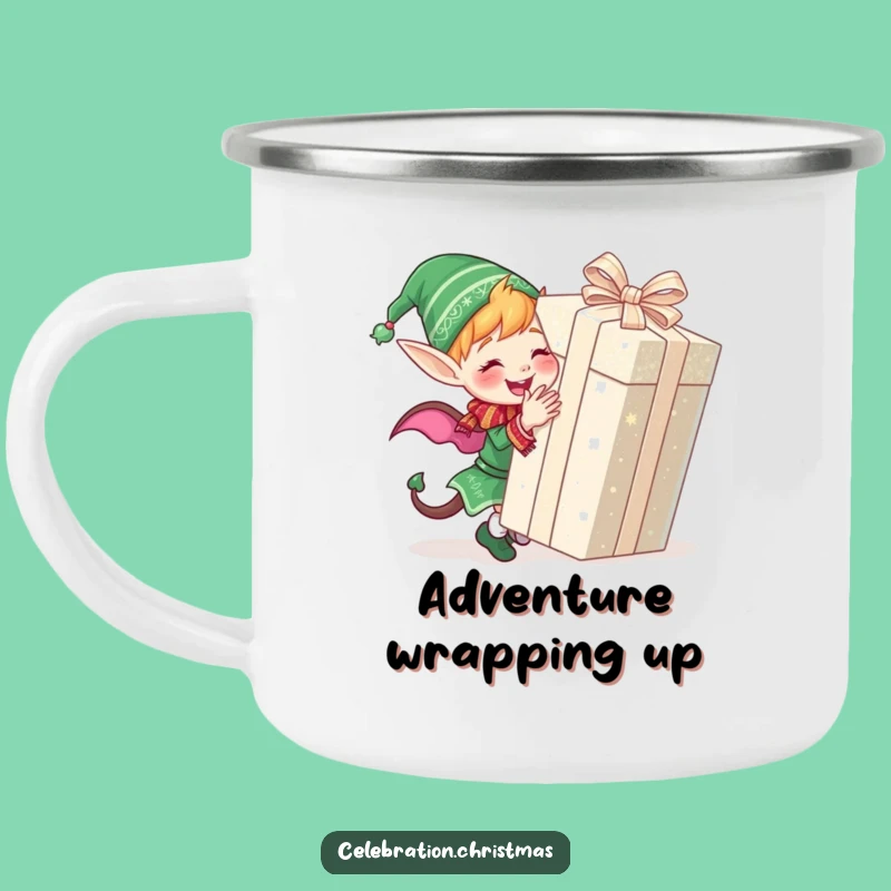 Funny Elf Wrapping Gift Camping Mug: Sip Festive Cheer Outdoors