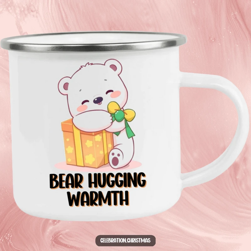 Funny kawaii polar bear camping mug showing a joyful character hugging a glowing present, perfect for happy outdoor enjoyment.