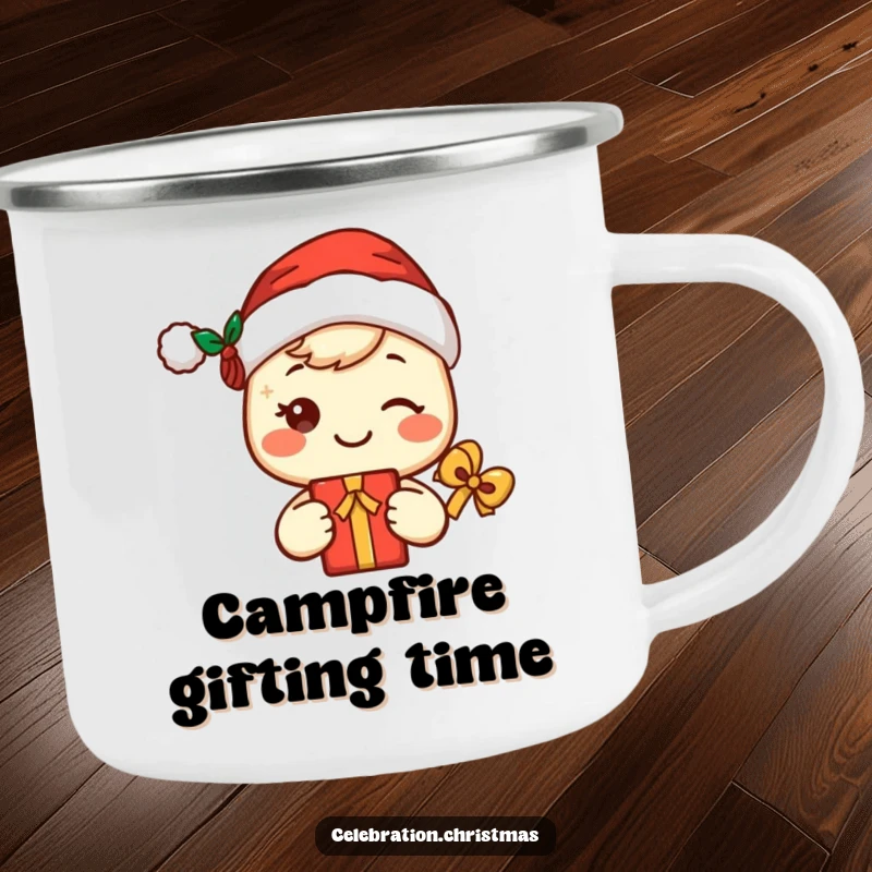 Funny kawaii Santa camping mug showing a cute, smiling character with a Santa hat and gift, perfect for outdoor holiday fun.