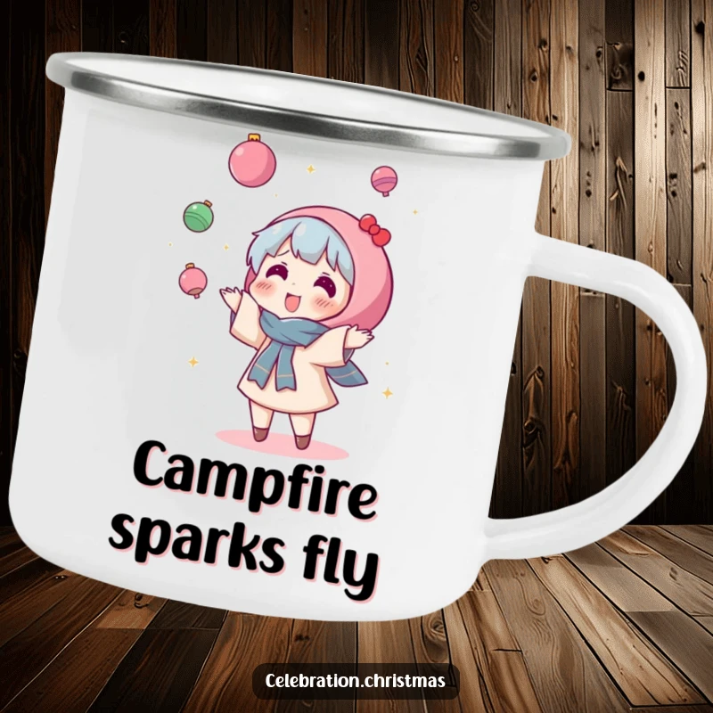 Funny Kawaii Character Camping Mug: A cute character gleefully tosses ornaments with abandon, perfect for outdoor holiday cheer.