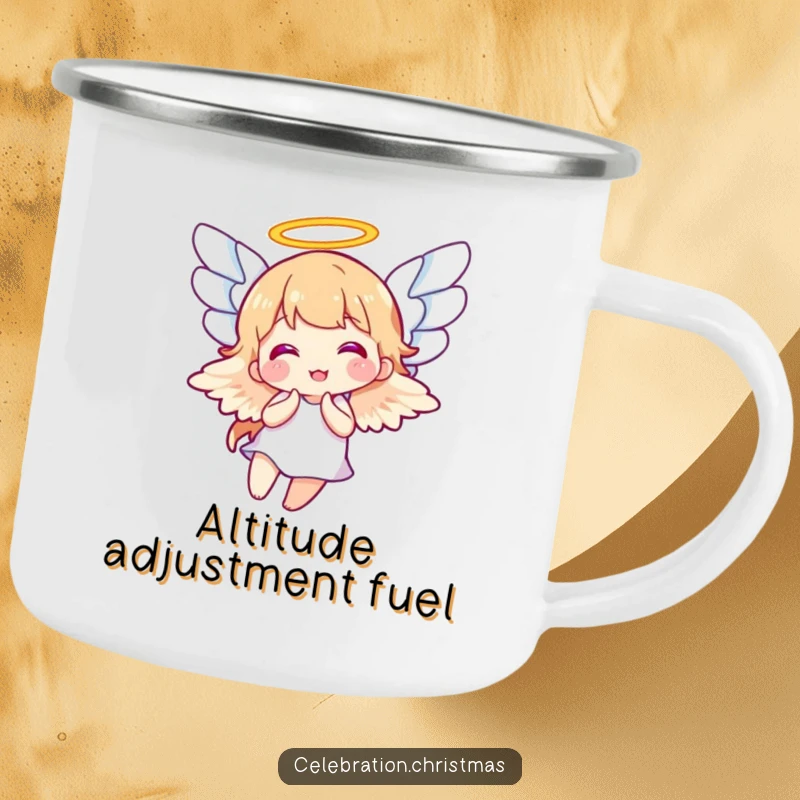 Funny and durable camping mug featuring an angel joyfully flapping its wings, perfect for outdoor adventures with a smile, funny gift.
