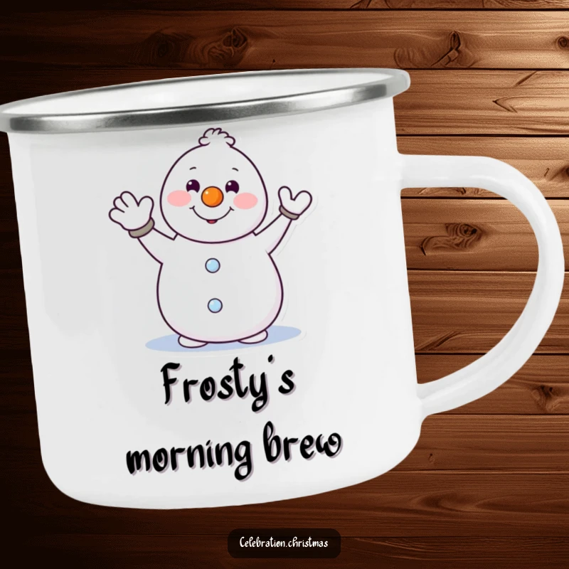 Funny enamel camping mug featuring a snowman with a carrot nose waving, ideal for hot or cold drinks outdoors.