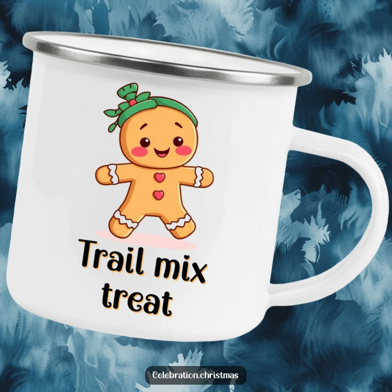 Funny enamel camping mug featuring a gingerbread person character doing a merry jig, great for hot drinks outdoors.