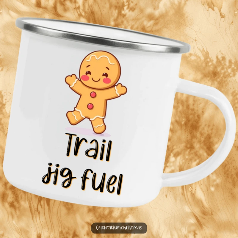 Funny gingerbread man camping mug depicting a character joyfully jigging, perfect for adding humor to outdoor adventures and coffee breaks.