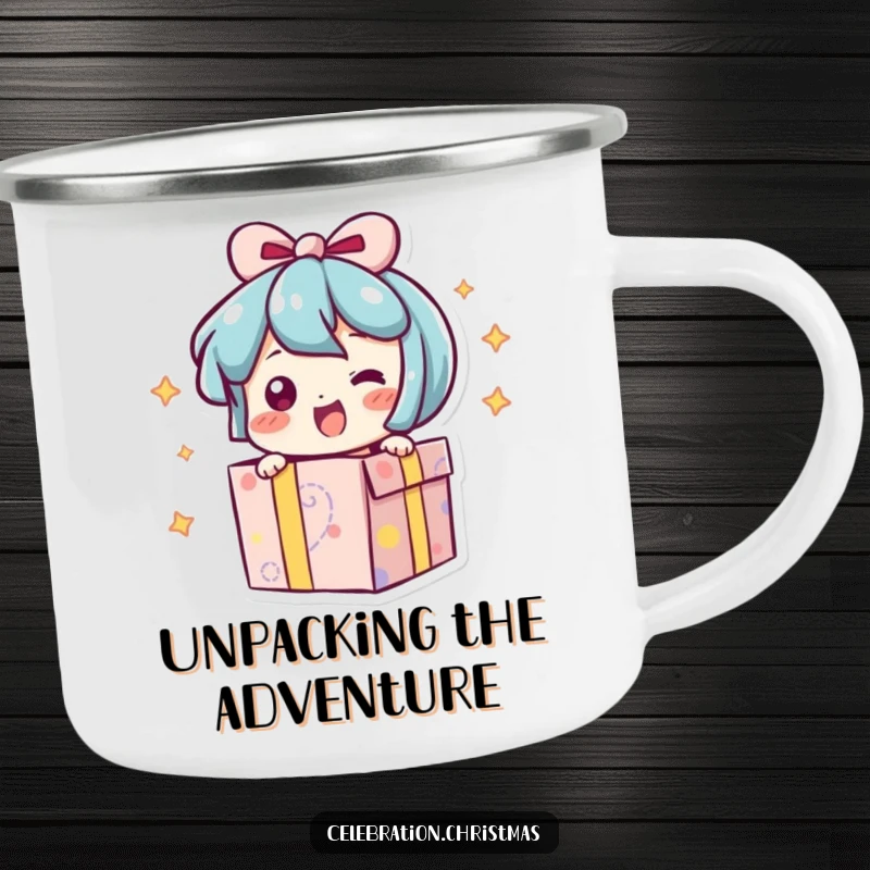 Funny camping mug showing a present character bursting open with an excited wiggle, perfect for outdoor cheer.