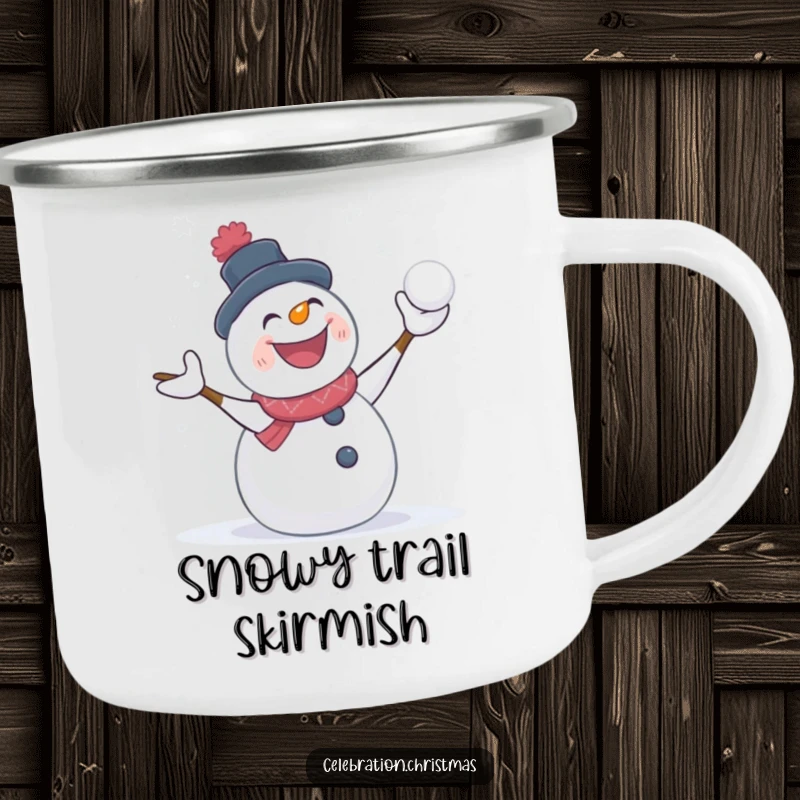 Funny snowman camping mug with a character in a happy snowball fight, ideal for outdoor use and winter laughter.