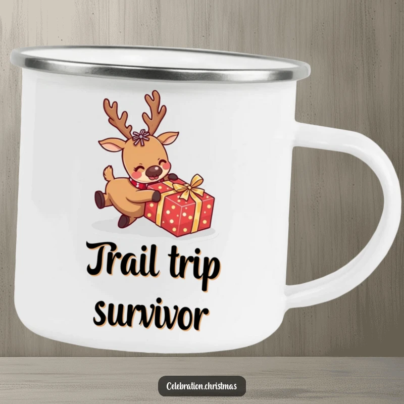Funny reindeer camping mug with a comical character tripping over a wrapped present, ideal for outdoor use and holiday laughter.