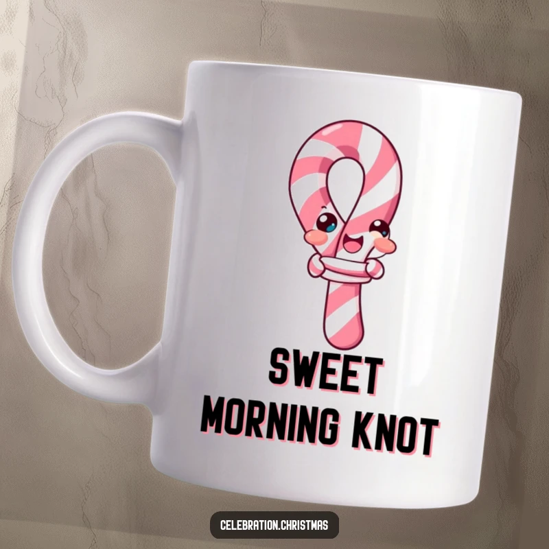 Funny candy cane mug, showing a cheerful candy cane comically trying to tie itself into a complicated knot.