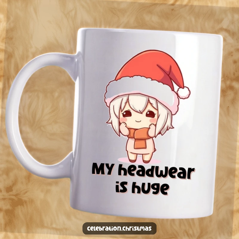 Funny Kawaii Character Mug: A cute character struggles adorably with a comically giant festive hat, spreading holiday cheer.