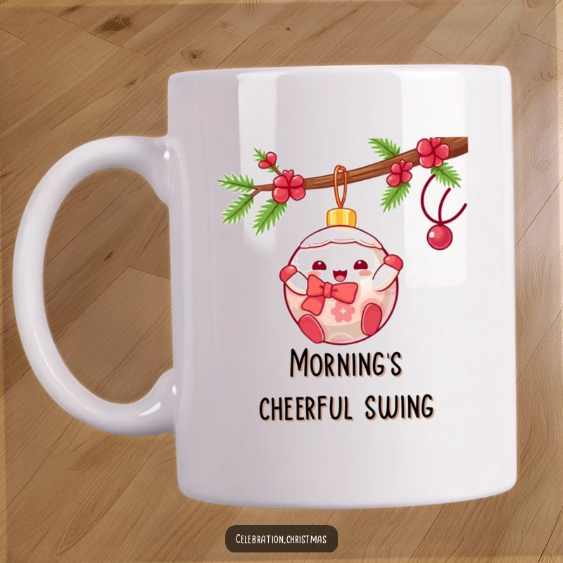 Funny kawaii Christmas ornament mug featuring a gleeful character swinging from a branch, perfect for holiday cheer.