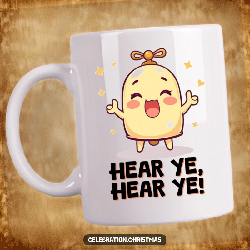 Funny mug depicting a bell character enthusiastically ringing, radiating pure merriment and cheerful vibes, funny gift.
