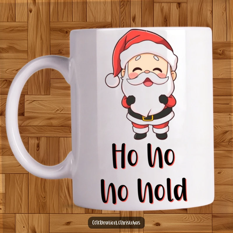 Funny Santa Claus mug, laughing heartily with his belly shaking, embodying the joyous spirit of Christmas.