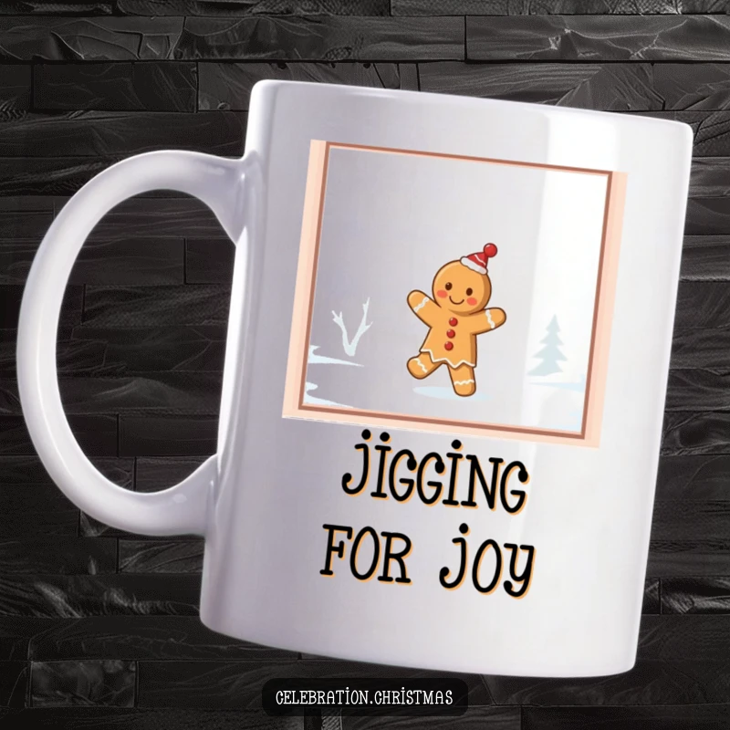 Funny gingerbread cookie mug, showing a cookie doing a jig on a frosty windowpane with a cheerful, dancing expression.