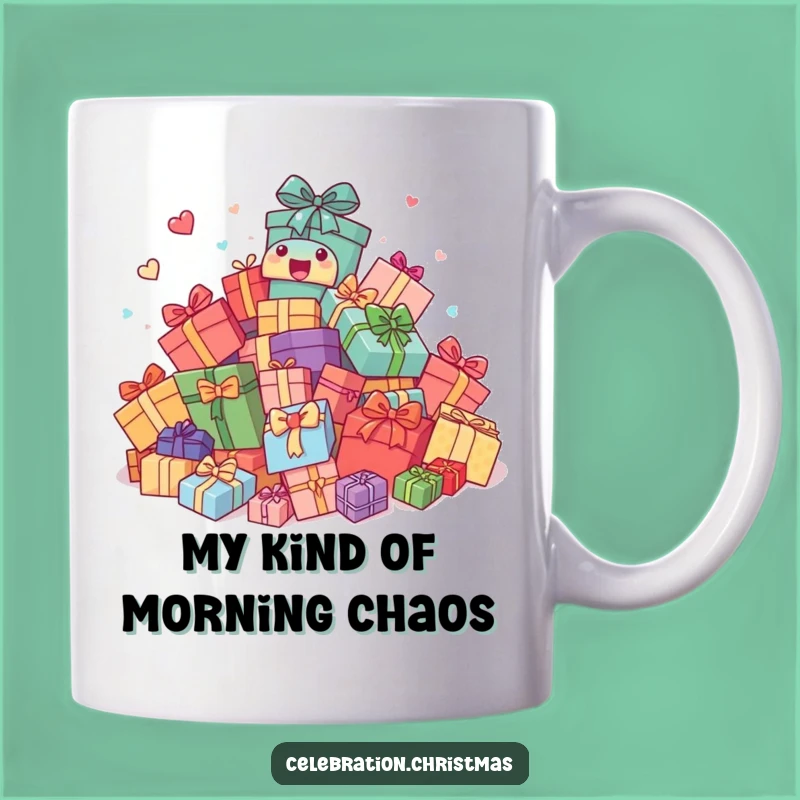 Funny Gift: Excited Present Pile Mug, Hilarious Holiday Cheer for Coffee Lovers