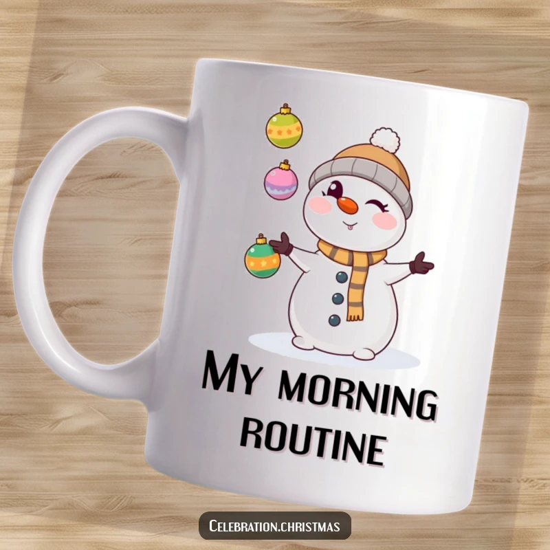 Funny kawaii snowman winking mischievously while juggling colorful Christmas ornaments on a mug, perfect holiday gift.