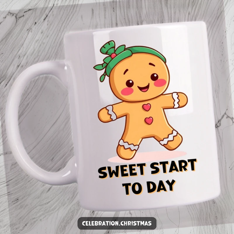 Funny gingerbread man mug doing a merry jig, exuding holiday cheer and festive fun, a perfect seasonal gift.