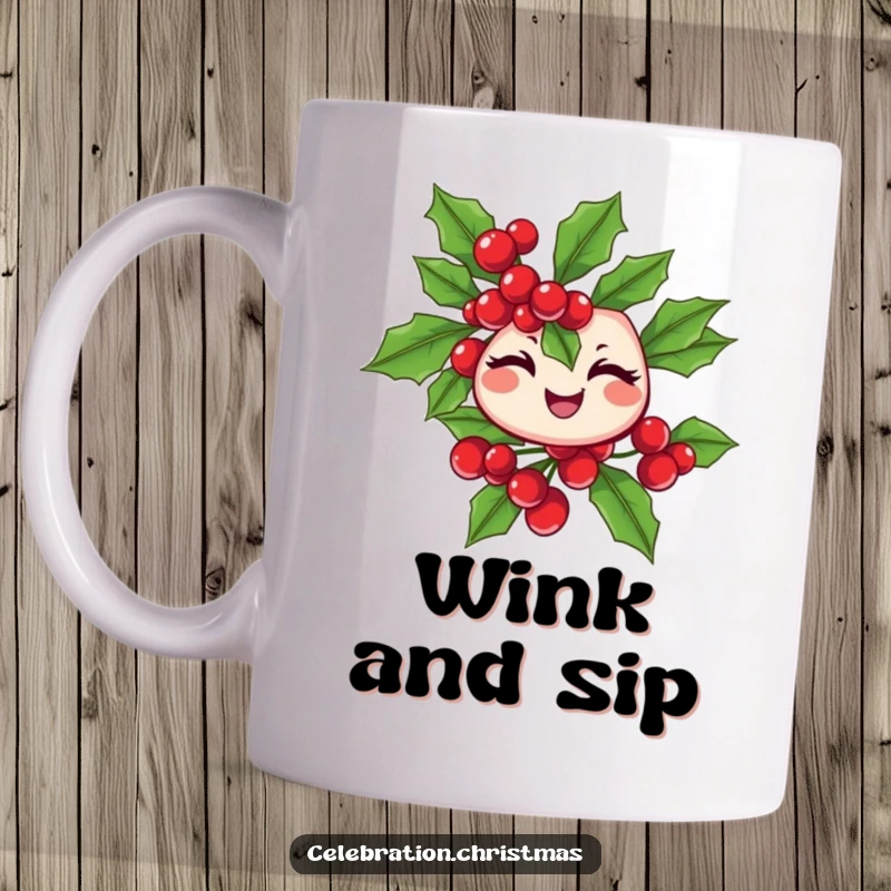 Funny winking holly branch with berries mug, spreading cheerful holiday vibes, perfect as a funny gift.