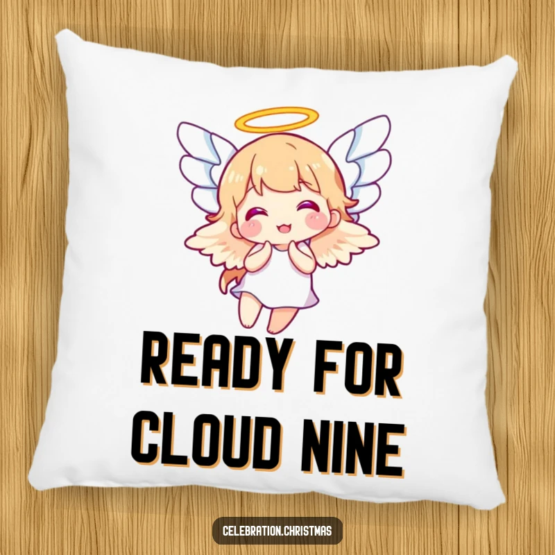 Funny decorative pillow with a cheerful angel spreading its wings in joyful motion, offering comfort and humor, funny gift.