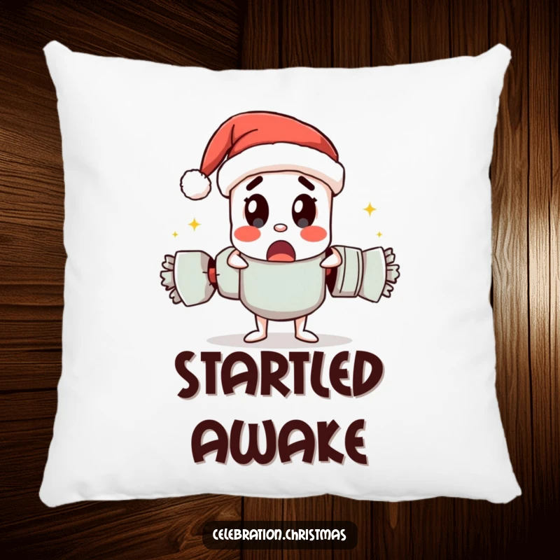 Funny pillow featuring a Christmas cracker character pulling itself apart with a surprised look, perfect for holiday comfort.