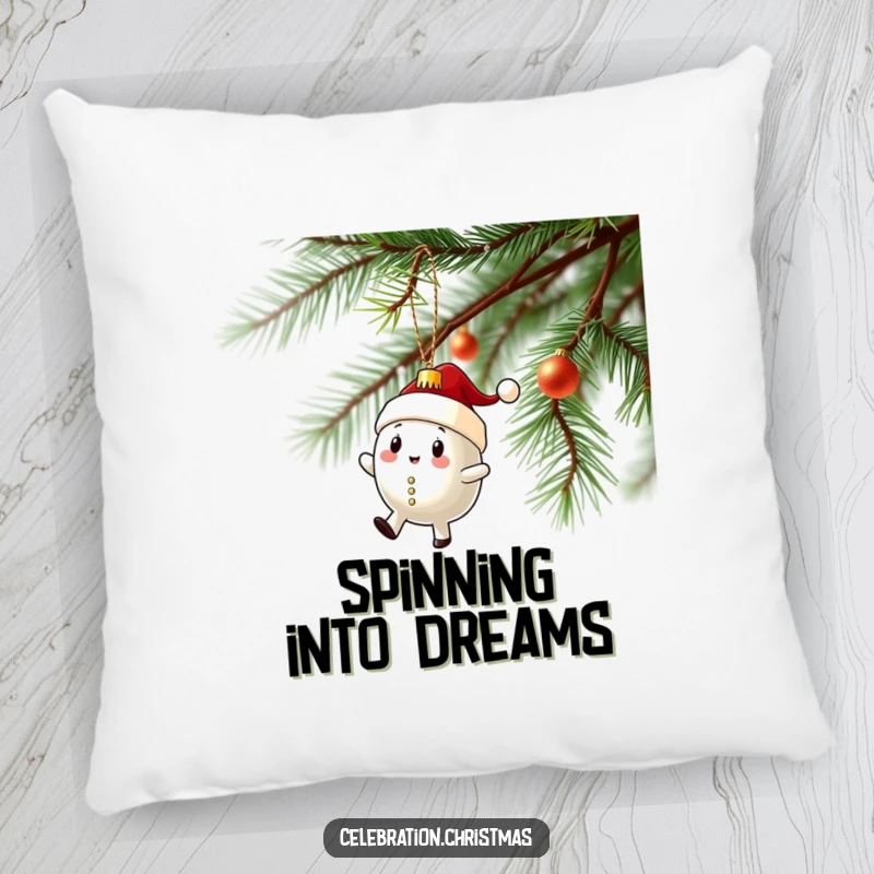 Funny pillow featuring a Christmas ornament character in a funny wobbly spin on a branch, perfect for holiday comfort.