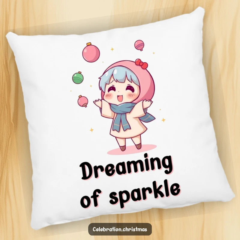 Funny Kawaii Character Pillow: A cute character joyfully tosses sparkly ornaments with unrestrained abandon, adding cozy humor.
