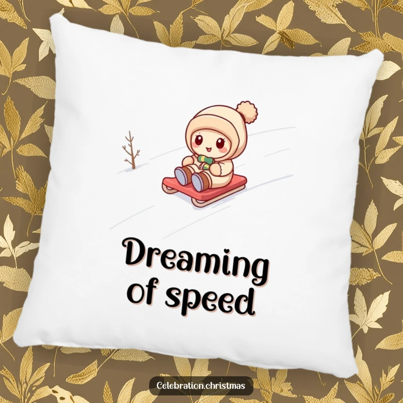 Funny kawaii character sliding down a snowy hill on a sled, featured on a comfortable and humorous pillow.