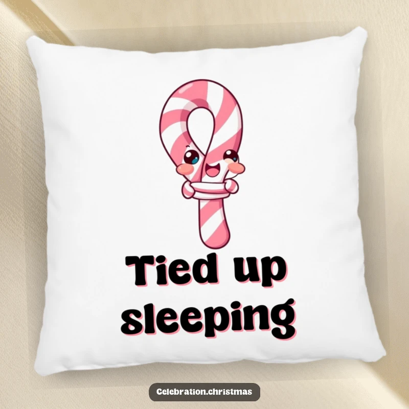Funny candy cane pillow, showing a cheerful candy cane comically trying to tie itself into a knot, perfect for comfort and fun.
