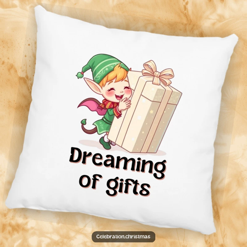 Funny pillow featuring a cute elf joyfully wrapping a giant, glittery present, perfect for holiday comfort.