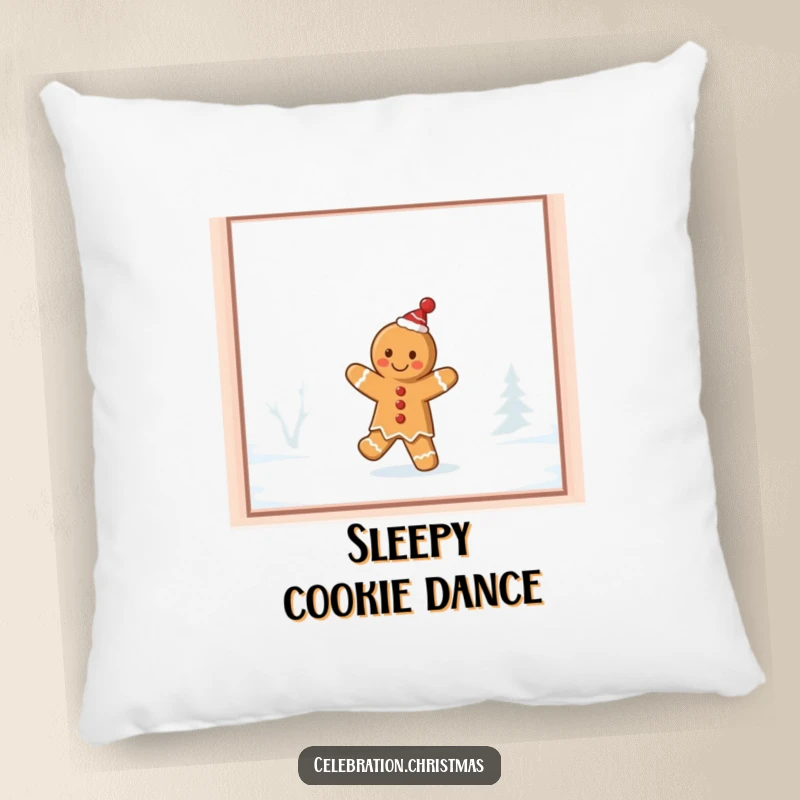 Funny gingerbread cookie pillow, showing a cookie doing a silly jig on a frosty windowpane, perfect for comfort and holiday fun.
