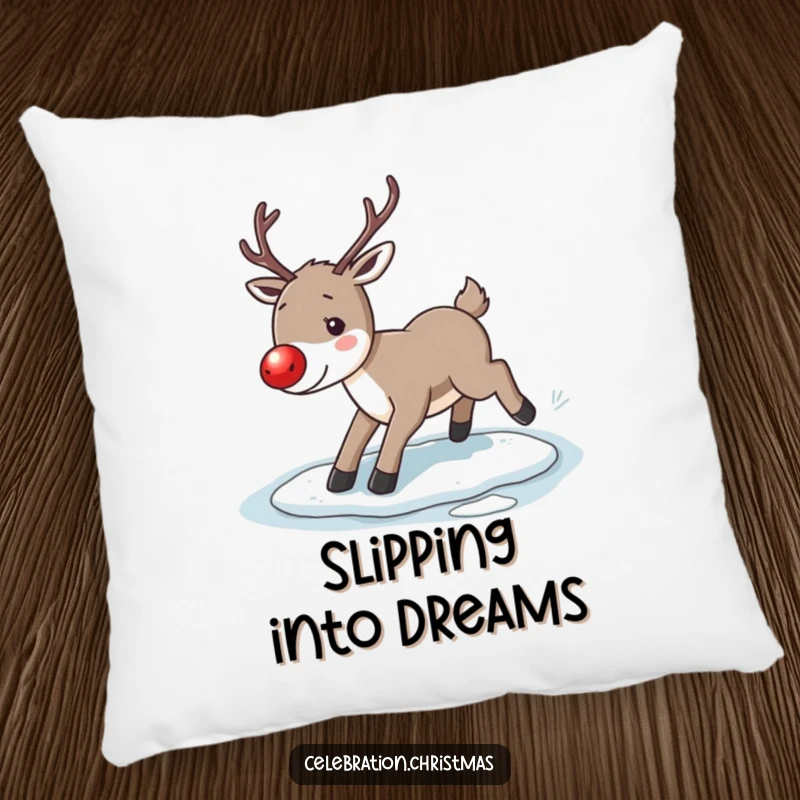 Funny reindeer pillow, showing a reindeer with a glowing red nose comically slipping on ice, perfect for comfort and holiday fun.