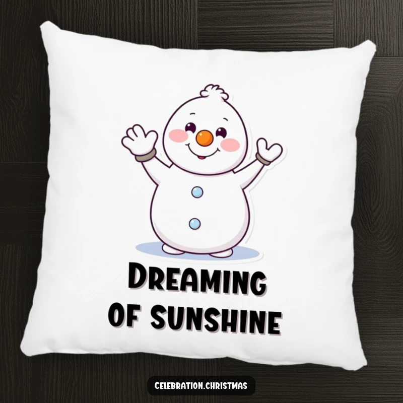 Funny decorative pillow featuring a cheerful snowman with a carrot nose waving, perfect for adding comfort and holiday spirit.