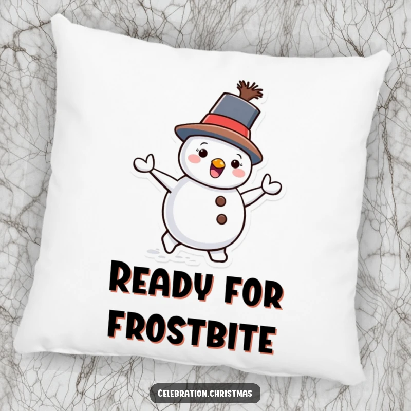 Funny Snowman Pillow depicting a happy snowman waddling with a tilted hat, offering soft, humorous comfort.