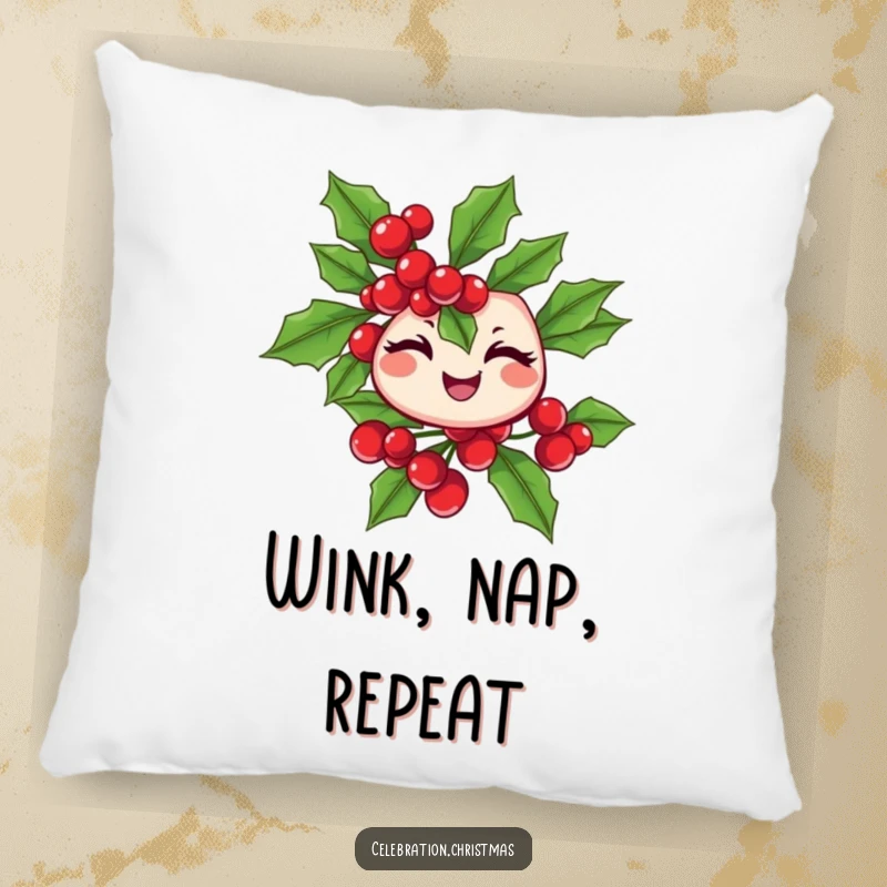 Funny winking holly branch pillow with cheerful berries, adding festive comfort and a great funny gift.